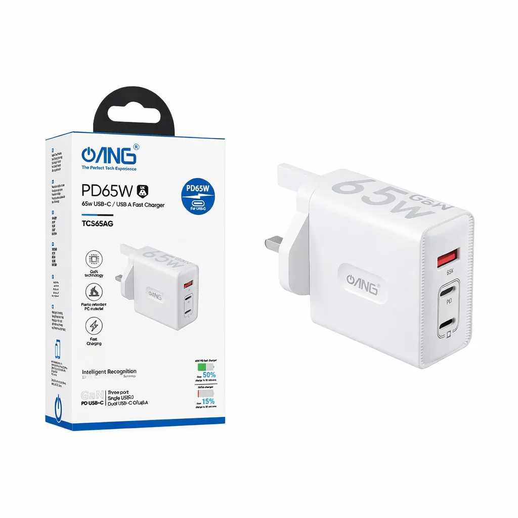 ANG PD65W TCS65AG GaN Fast Wall Charger – Dual USB-C & USB-A 65W UK Plug