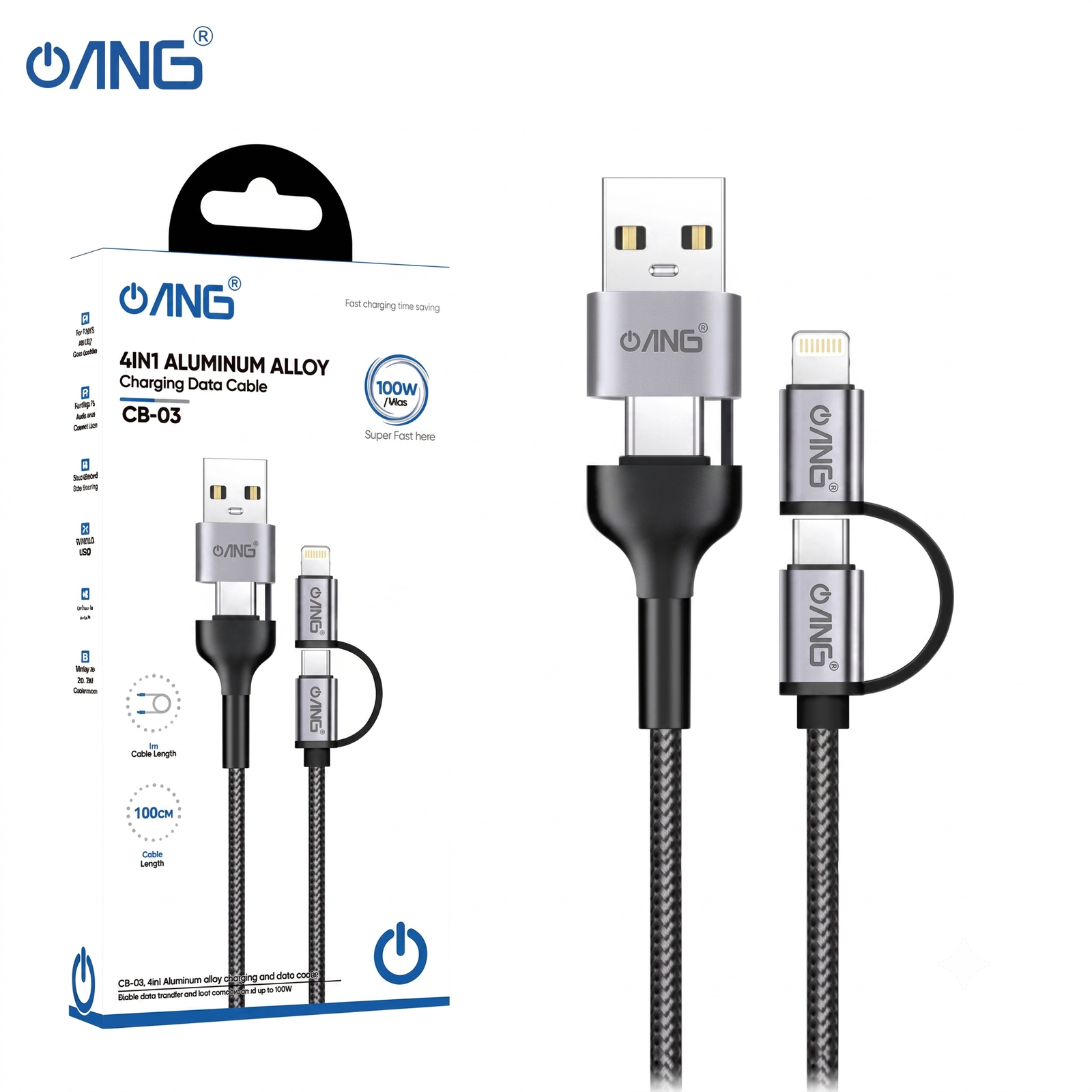 ANG CB-03 4-in-1 Fast Charging Cable – USB-A to USB-C, Lightning & Micro USB Multi Charging Cable
