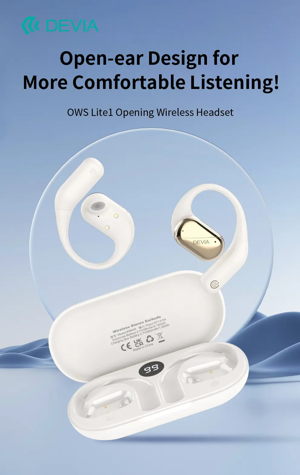 DEVIA OWS Lite1 Open Wireless Earbuds – Bluetooth 5.3, ENC Noise Reduction & 32-Hour Battery