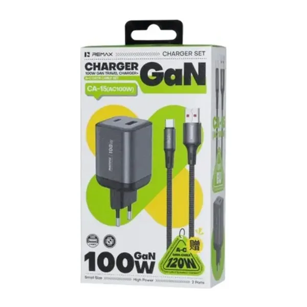 Remax CA-15 (AC100W) 100W GaN Fast Wall Charger – USB-C & USB-A Dual Port with UK Plug 