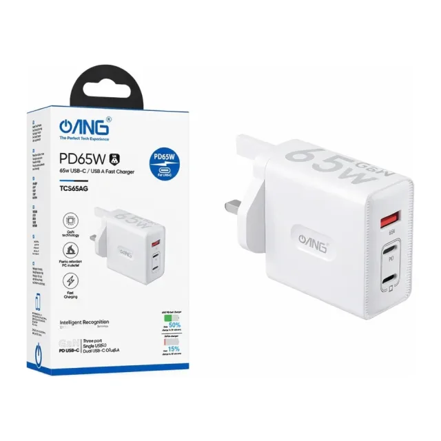 ANG PD65W TCS65AG GaN Fast Wall Charger – Dual USB-C & USB-A 65W UK Plug