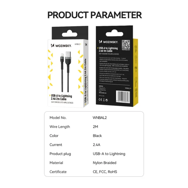WOZINSKY cable USB-A – Lightning 2.4A 2m (model WUC-L2B, also listed as WNBAL2) Black (WUC-L2B)