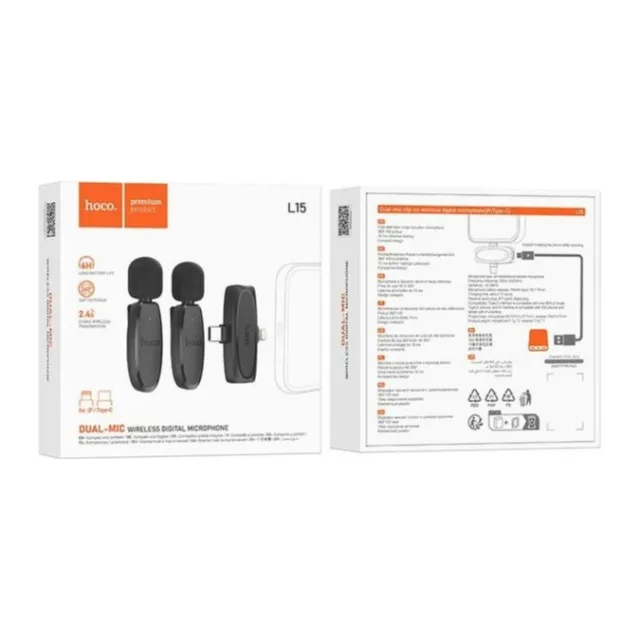 Hoco Wireless Lavalier Microphones, Lightning & USB-C 2-Pack