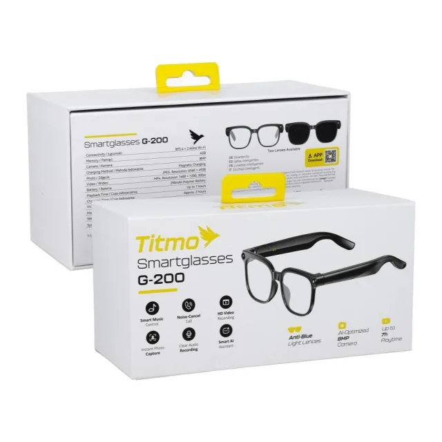 Titmo Smart AI glasses with music and recording, clear glass, TITMO G-200, black
