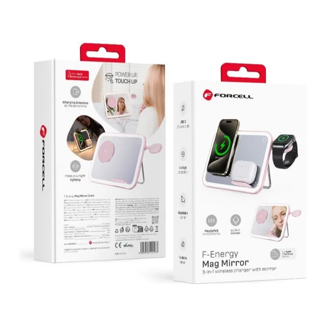 FORCELL F-ENERGY Mag Mirror 15W 3 in 1 wireless charger compatible with MagSafe / Apple Watch / Samsung Watch / Airpods pink