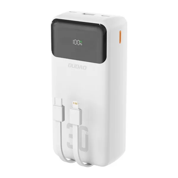 Dudao 30000mAh PD 22.5W Power Bank with Built-in Cables White