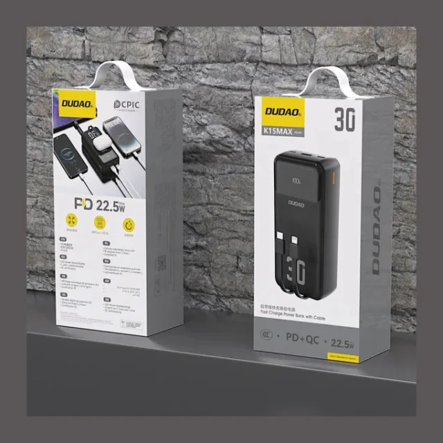 Dudao 30000mAh PD 22.5W Power Bank with Built-in Cables
